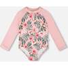 One-Piece Long Sleeve Rashguard, Pink Hibiscus Print - One Pieces - 1 - thumbnail