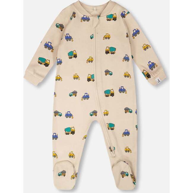 Organic Cotton Baby One-Piece Pajamas, Beige Printed Trucks