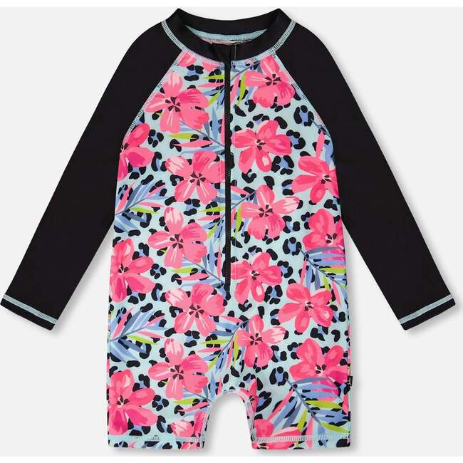 One-Piece Long Sleeve Rashguard, Blue Floral And Leopard Print