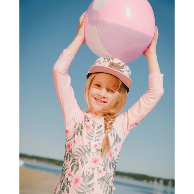 One-Piece Long Sleeve Rashguard, Pink Hibiscus Print