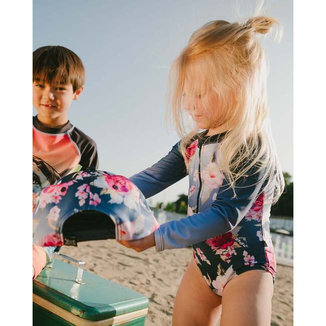 One-Piece Long Sleeve Rashguard, Blue With Roses Print
