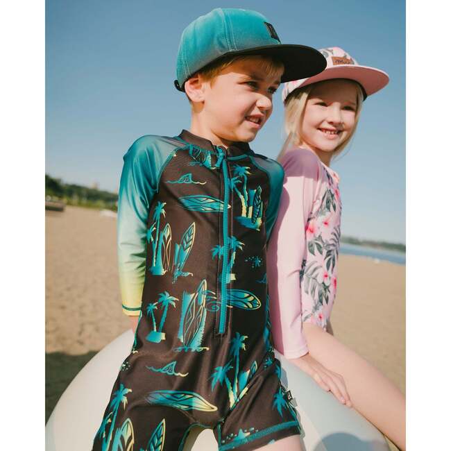 One-Piece Long Sleeve Rashguard, Ombre Black Surf Print