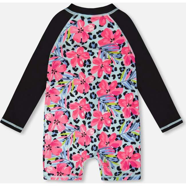 One-Piece Long Sleeve Rashguard, Blue Floral And Leopard Print