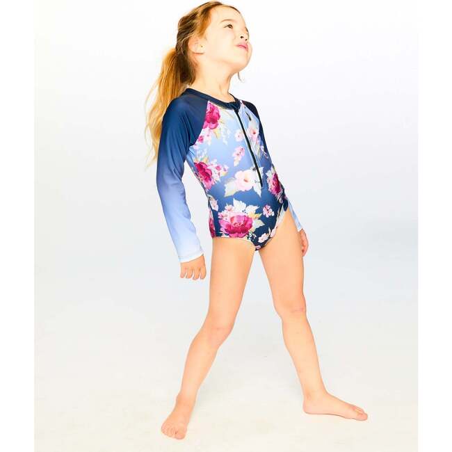 One-Piece Long Sleeve Rashguard, Blue With Roses Print - One Pieces - 3