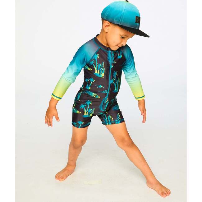 One-Piece Long Sleeve Rashguard, Ombre Black Surf Print - One Pieces - 3