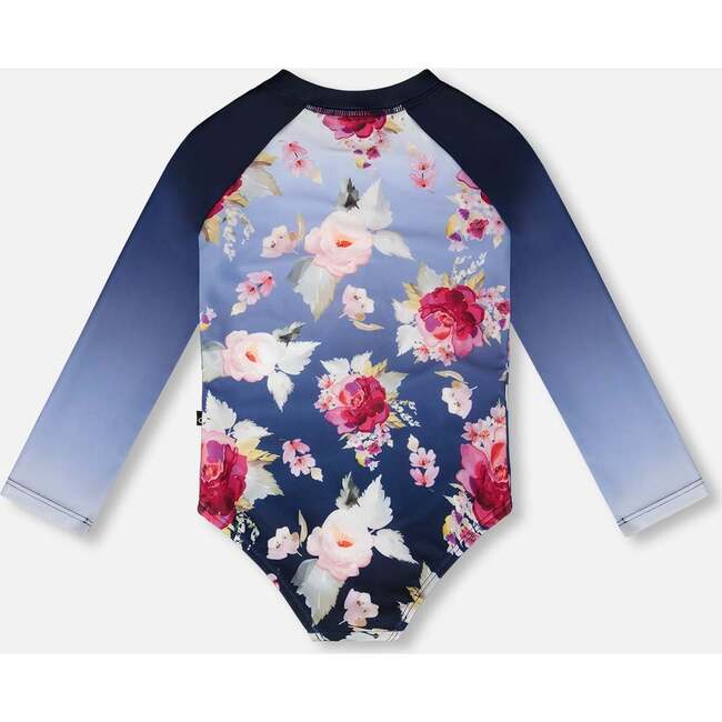 One-Piece Long Sleeve Rashguard, Blue With Roses Print - One Pieces - 4