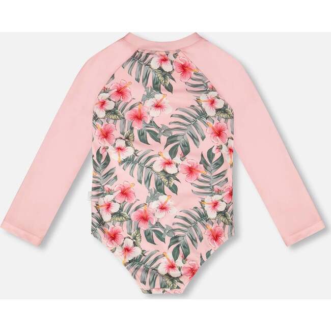 One-Piece Long Sleeve Rashguard, Pink Hibiscus Print - One Pieces - 4