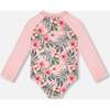 One-Piece Long Sleeve Rashguard, Pink Hibiscus Print - One Pieces - 4