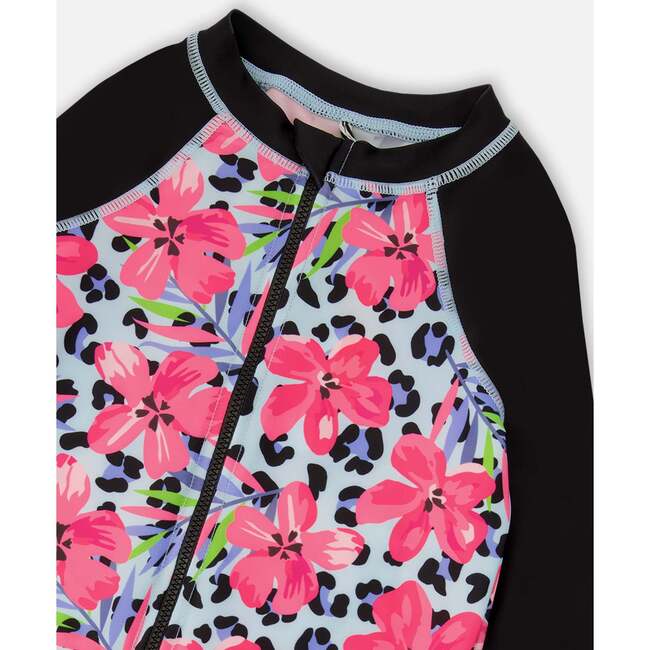 One-Piece Long Sleeve Rashguard, Blue Floral And Leopard Print - One Pieces - 3