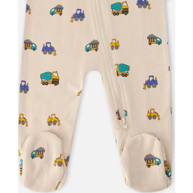 Organic Cotton Baby One-Piece Pajamas, Beige Printed Trucks - Pajamas - 3