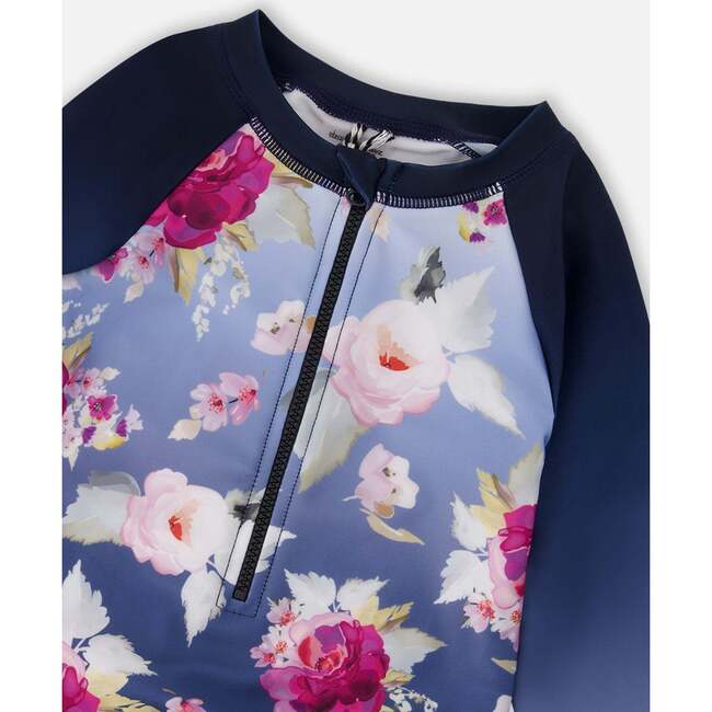 One-Piece Long Sleeve Rashguard, Blue With Roses Print - One Pieces - 5