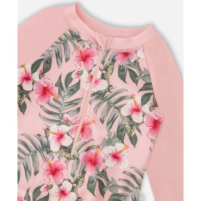 One-Piece Long Sleeve Rashguard, Pink Hibiscus Print - One Pieces - 5