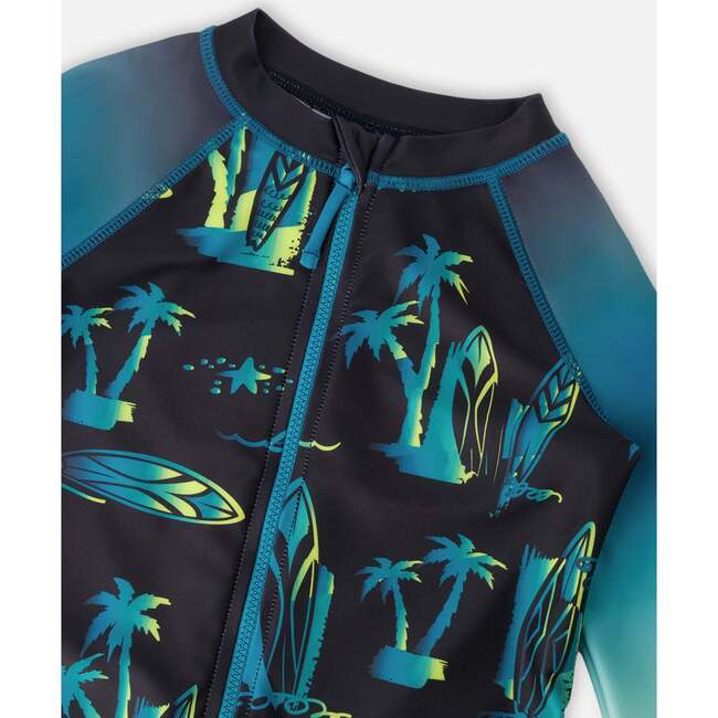One-Piece Long Sleeve Rashguard, Ombre Black Surf Print - One Pieces - 5