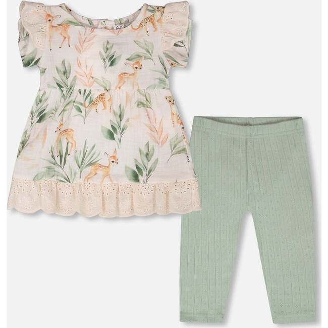 Muslin Tunic And Pointelle Leggings Set, Peach Deer Print & Green