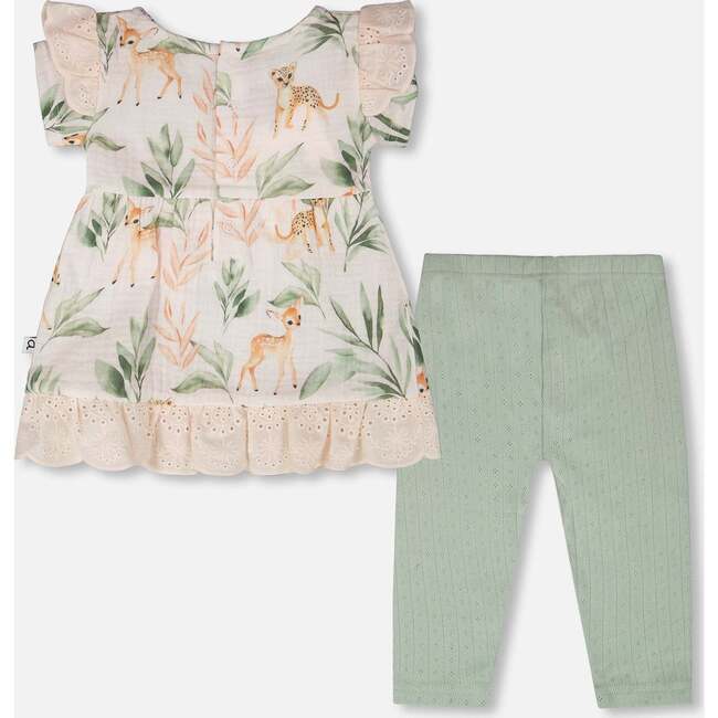 Muslin Tunic And Pointelle Leggings Set, Peach Deer Print & Green - Mixed Apparel Set - 3