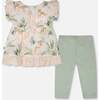 Muslin Tunic And Pointelle Leggings Set, Peach Deer Print & Green - Mixed Apparel Set - 3