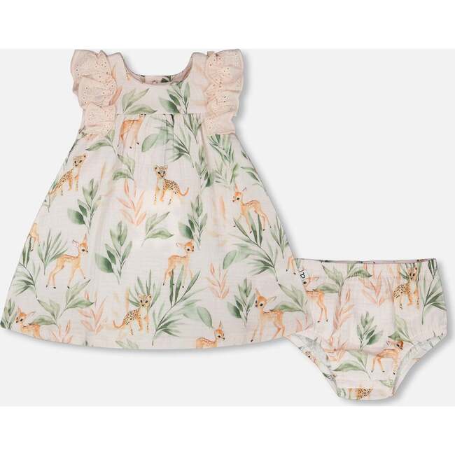 Muslin Dress And Bloomer Set, Peach Deer Print