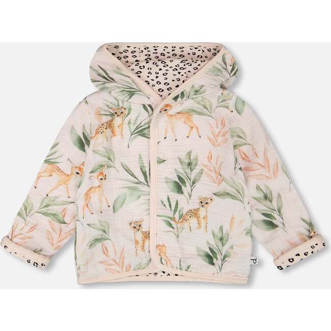 Muslin And Organic Cotton Jersey Reversible Hooded Jacket Peach Deer/Leopard Print, Peach Deer Print