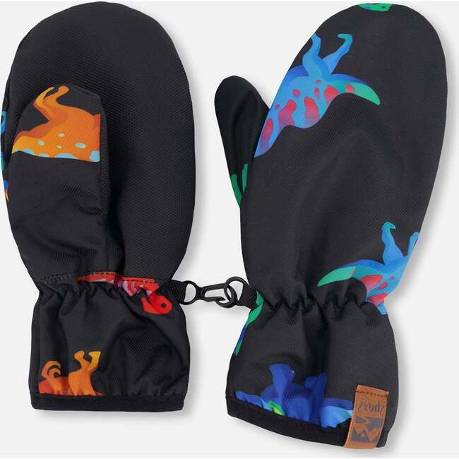 Mid-Season Mittens In Recycled Polyester, Black Dinosaur Print