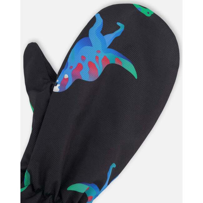 Mid-Season Mittens In Recycled Polyester, Black Dinosaur Print