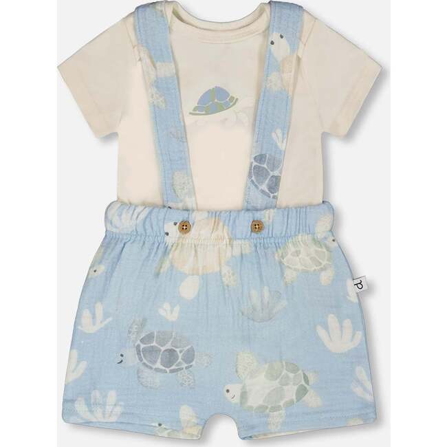 Organic Cotton Jersey Onesie And Muslin Shortall Set, White & Blue Turtle Print
