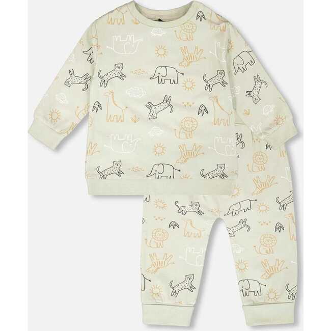 Organic Cotton Jersey Onesie And Cotton Rib Shortall Set, Sage Green Animal Print