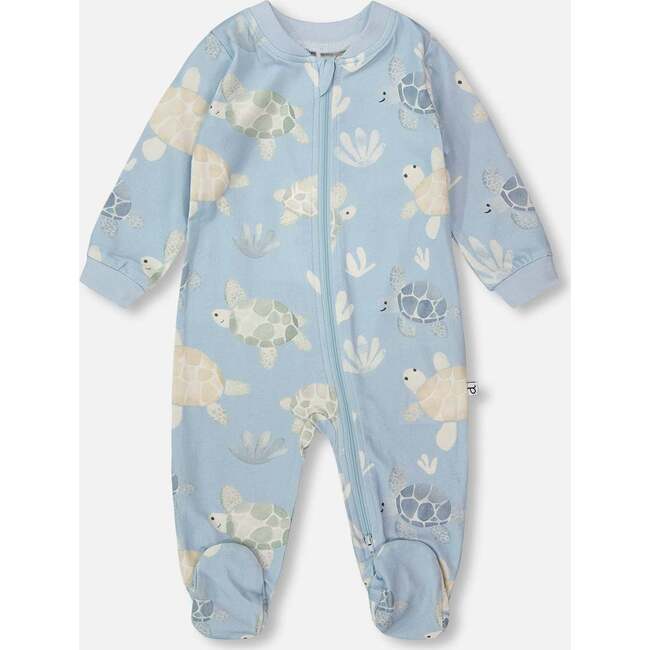 Organic Cotton Jersey One-Piece Pajamas, Blue Turtle Print
