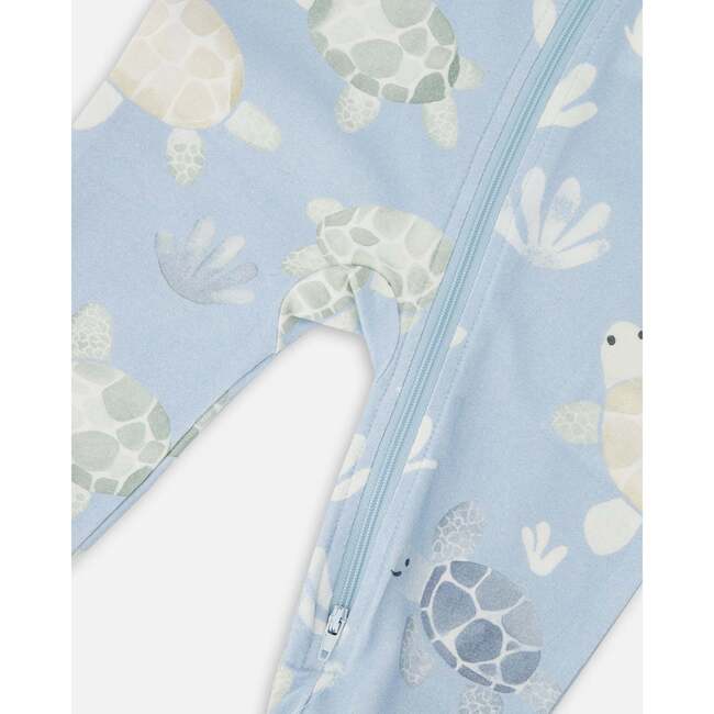 Organic Cotton Jersey One-Piece Pajamas, Blue Turtle Print - Pajamas - 3