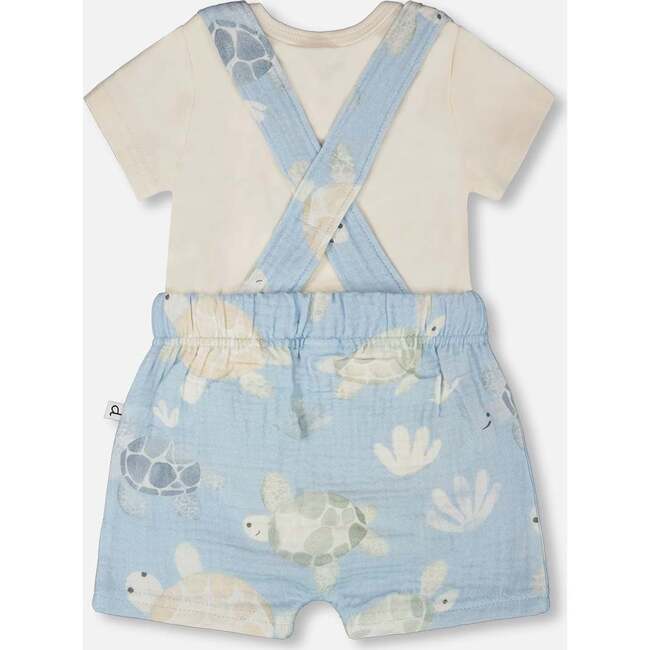 Organic Cotton Jersey Onesie And Muslin Shortall Set, White & Blue Turtle Print - Mixed Apparel Set - 3