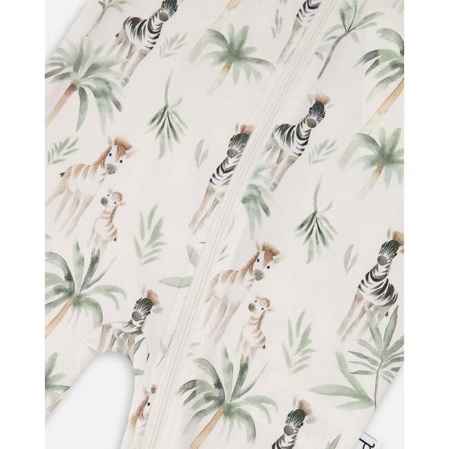 Organic Cotton Jersey One-Piece Pajamas, Beige Zebra Print - Pajamas - 3