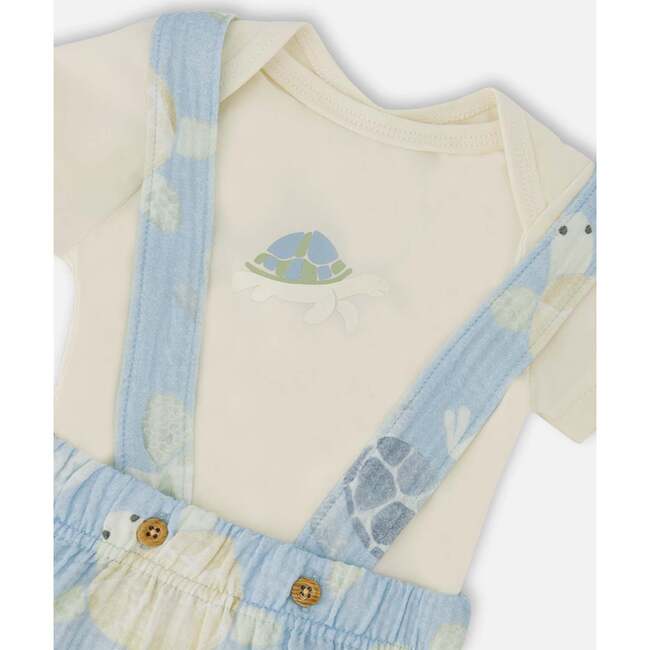 Organic Cotton Jersey Onesie And Muslin Shortall Set, White & Blue Turtle Print - Mixed Apparel Set - 4