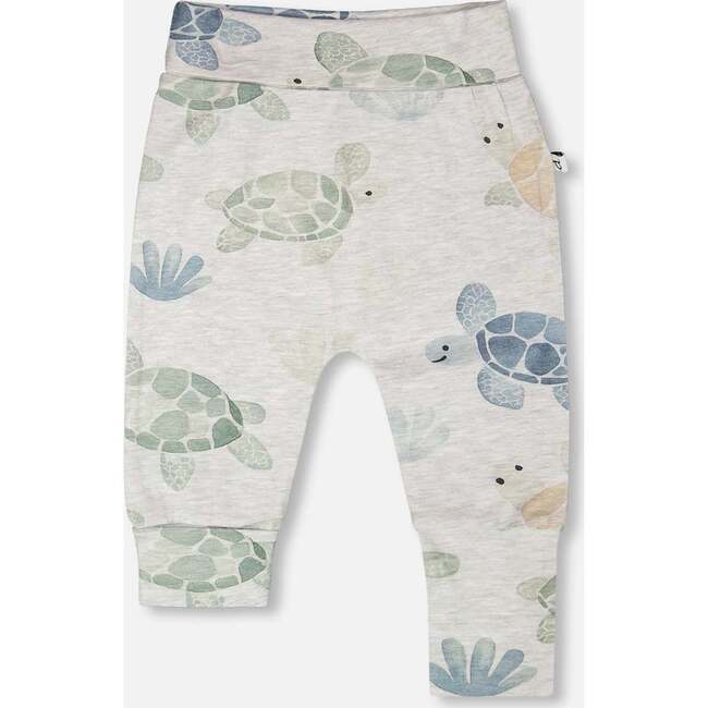 Organic Cotton Jersey Evolutive Pants, Grey Mix Turtle Print