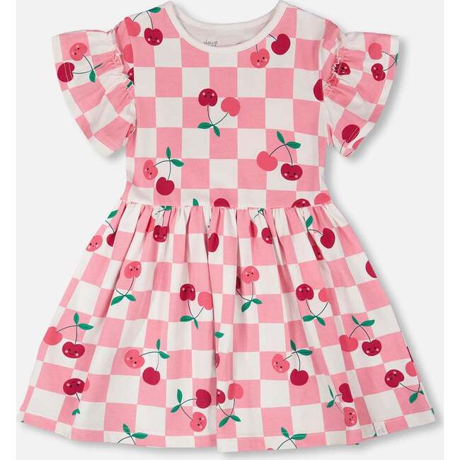 Organic Cotton Jersey Dress, Pink Printed Cherries