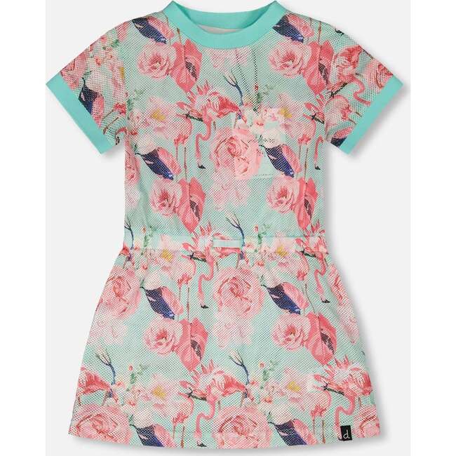 Mesh Beach Dress, Blue Flamingo Print