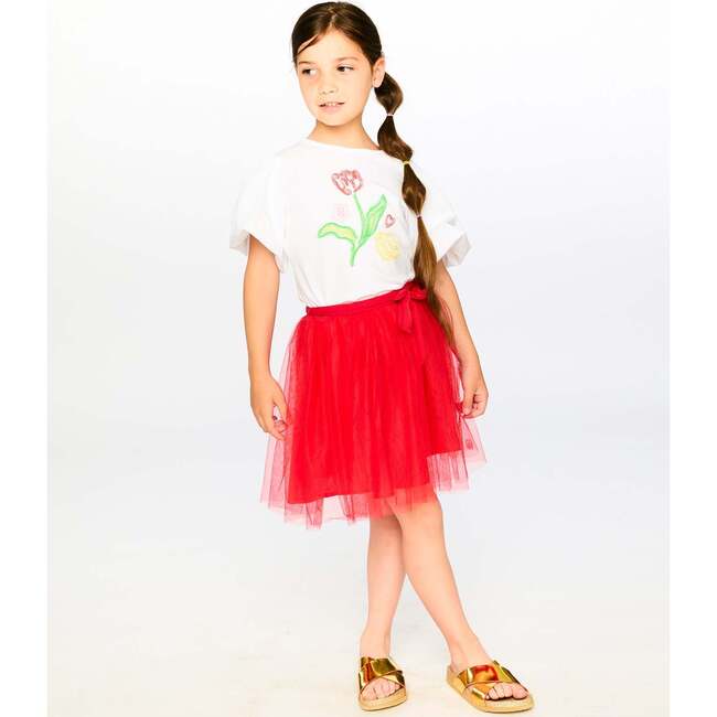 Mesh And Eyelet Skirt, Red