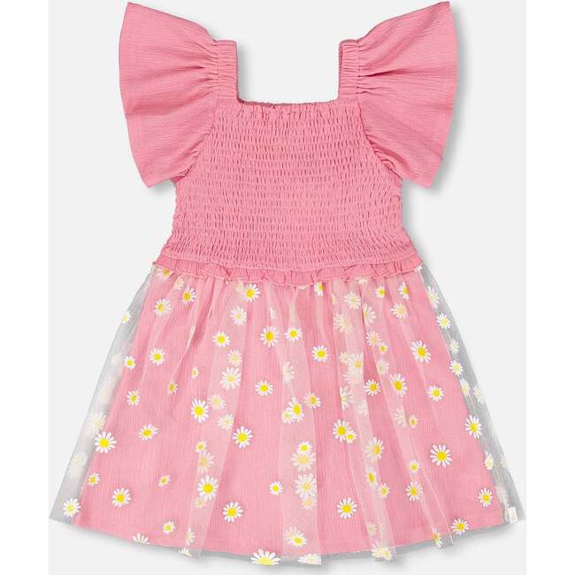 Mesh And Crinkle Jersey Dress With Smocking, Pink