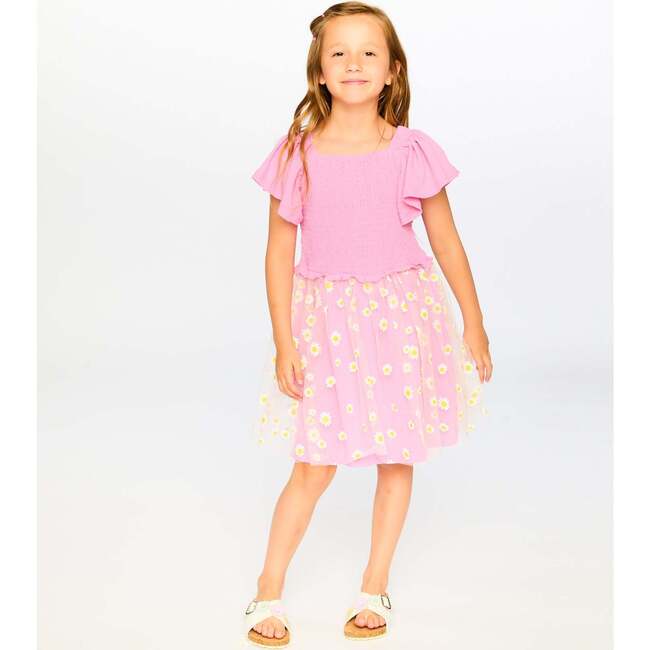 Mesh And Crinkle Jersey Dress With Smocking, Pink