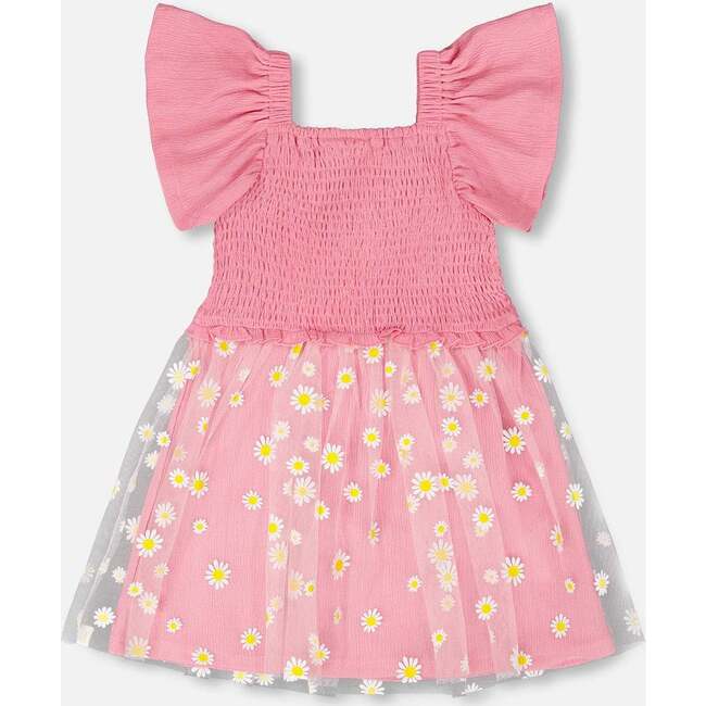 Mesh And Crinkle Jersey Dress With Smocking, Pink - Dresses - 3
