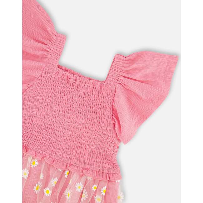 Mesh And Crinkle Jersey Dress With Smocking, Pink - Dresses - 4