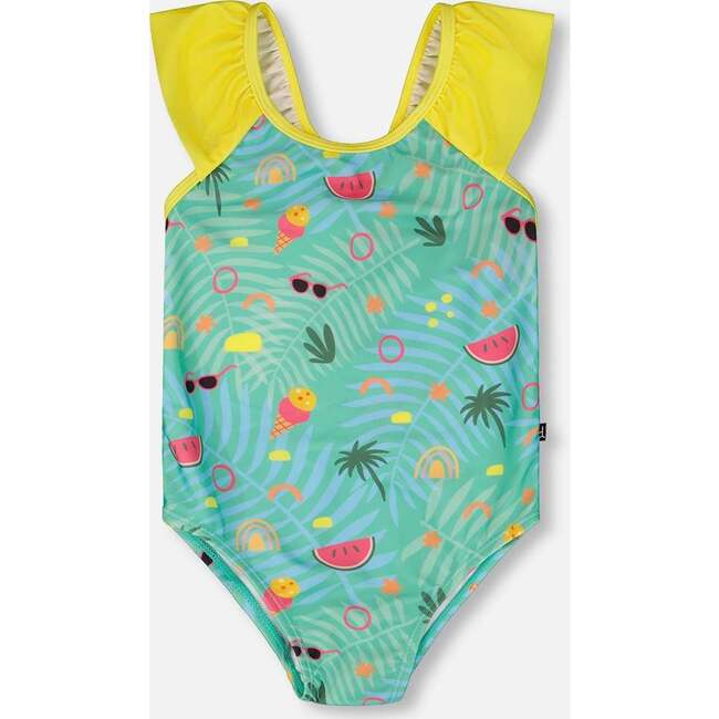 One-Piece Swimsuit, Green Beach Print