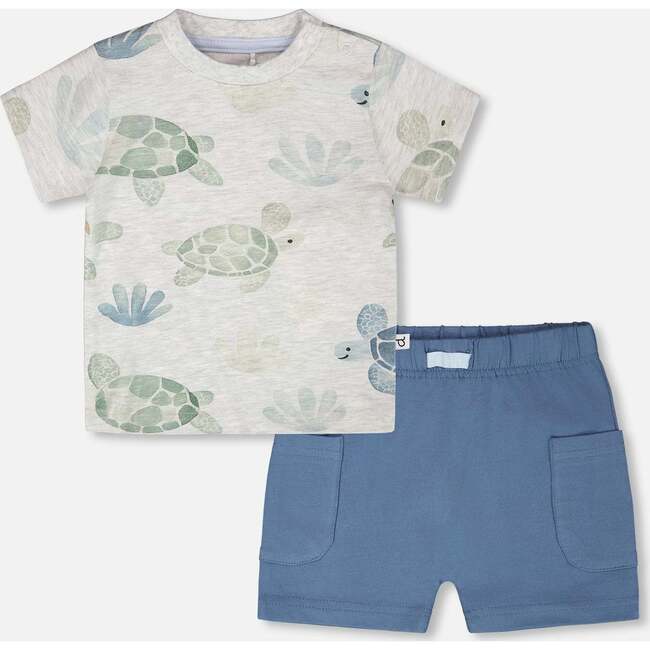 Jersey T-Shirt And Organic Cotton Jersey Shorts Set, Grey Mix Turtle Print & Medium Blue