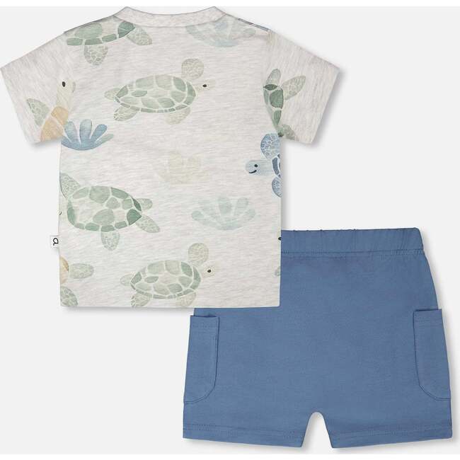 Jersey T-Shirt And Organic Cotton Jersey Shorts Set, Grey Mix Turtle Print & Medium Blue - Mixed Apparel Set - 3