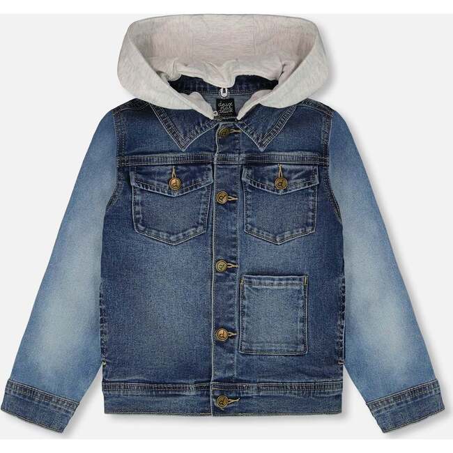 Jacket With Removable French Terry Hood, Navy Blue Denim