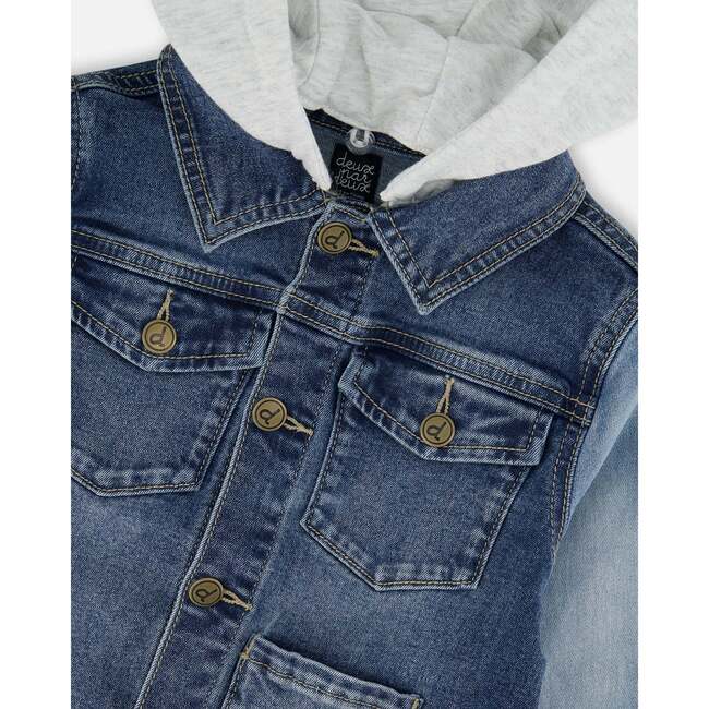 Jacket With Removable French Terry Hood, Navy Blue Denim - Jackets - 5