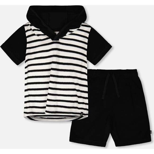 Hooded Terry T-Shirt With Shorts Set, Black & White Stripes