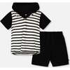 Hooded Terry T-Shirt With Shorts Set, Black & White Stripes - Mixed Apparel Set - 1 - thumbnail