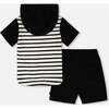 Hooded Terry T-Shirt With Shorts Set, Black & White Stripes - Mixed Apparel Set - 4 - thumbnail