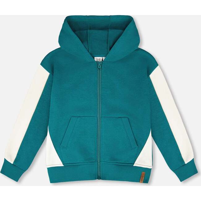 Hooded French Terry Cardigan, Dark Turquoise