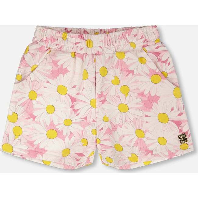 French Terry Shorts, Pink Printed Daisies
