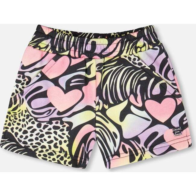 French Terry Shorts, Black With Multicolored Print